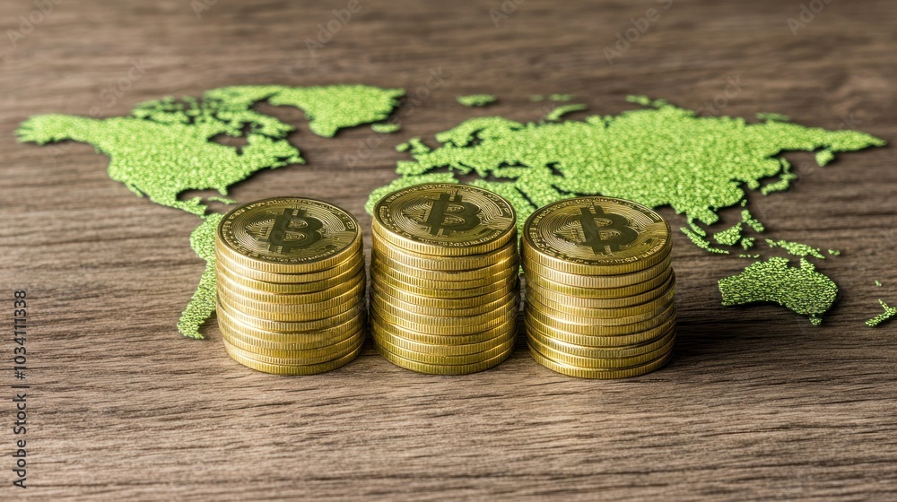 Poster Three Stacks of Bitcoin Coins on a World Map Background