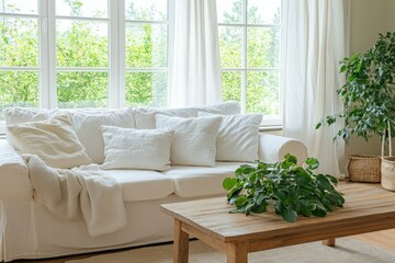 Cozy living room with natural light and greenery