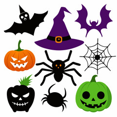 Set of objects color silhouettes for Halloween: witch hat, spider, web, pumpkin, cat, bat, skull, eye shapes isolated on a white background. Stock vector illustration silhouette on white Background