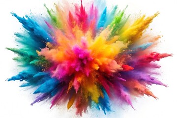 Colorful explosion of powder with freeze isolated on white background, abstract splatter of colored dust powder, explosion