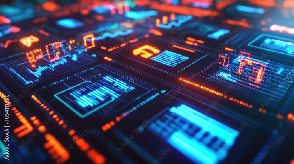 Poster Abstract Digital Interface with Blue and Red Glowing Lines and Data