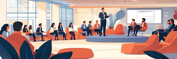Obraz premium A business leader passionately delivering an engaging and insightful motivational talk to a group of employees in a modern open plan office with collaborative workspaces designed to foster teamwork