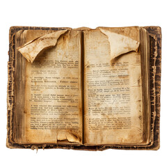 Old and worn book with torn pages lying open, showcasing faded text and historical significance, illuminated by soft natural light