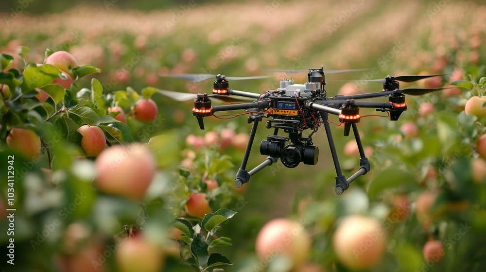 Poster a drone navigates through a lush apple orchard, flying above rows of trees laden with ripe apples, i