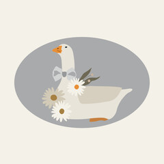 Flat goose with daisies and bow illustration. Vector clipart of domestic bird in retro style. Farming
