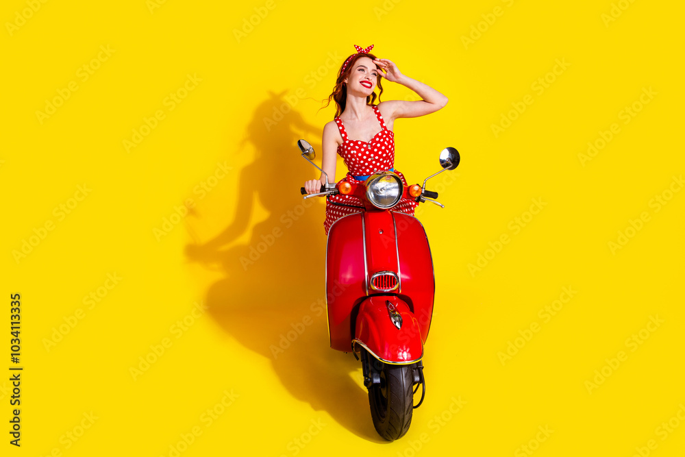 Canvas Prints Photo of cute adorable lady wear red stylish sarafan drive moped look empty space sale banner isolated on yellow color background