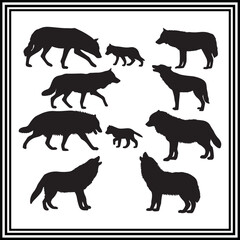 A collection of Wolf silhouettes set isolated on white background