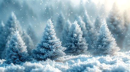 Snow-covered trees basking in soft winter light at dawn in a tranquil forest