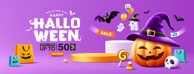 Halloween sale podium, pumpkins hat smile and ghost holding a balloon, bat flying and colorful shopping bag, banner poster design on purple background, Eps 10 vector illustration