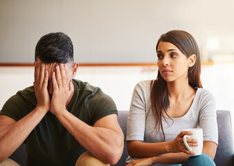 House, fighting or couple on sofa, stress or relationship with marriage, depression or anxiety....