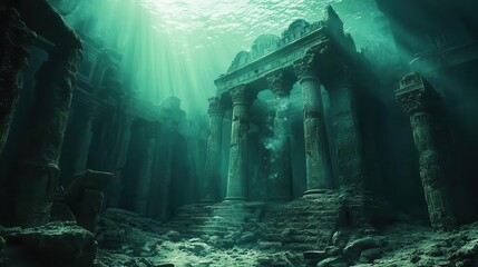 Obraz premium Ancient underwater ruins, sun rays filtering through, mysterious and serene atmosphere.