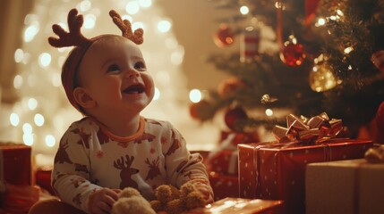A baby, wearing a white onesie with reindeer prints and a brown reindeer headband, smiles as they sit in front of a Christmas tree adorned with ornaments and lights.