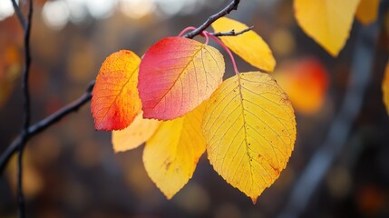 Obraz premium Close-up of vibrant autumn leaves in shades of yellow and red, showcasing the beauty of nature's transformation.