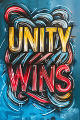 Fototapeta premium Bold colorful graffiti text unity wins on blue wall with abstract strokes
