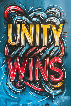 Bold colorful graffiti text unity wins on blue wall with abstract strokes