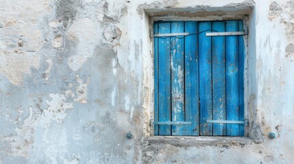 A weathered blue window with wooden shutters in an old stucco wall, capturing rustic charm in soft daylight