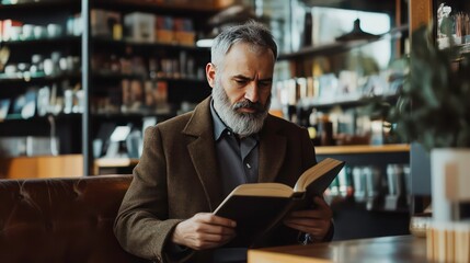 Obraz premium A senior man with a beard, wearing a brown jacket, is sitting in a cafe and reading a book.