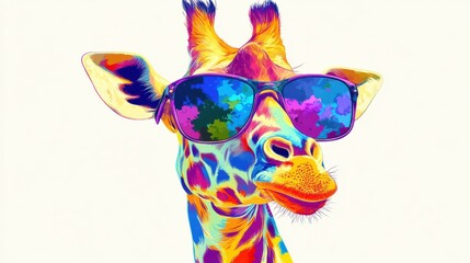 A colorful illustration of a giraffe wearing sunglasses, looking cool. © Akkaoui