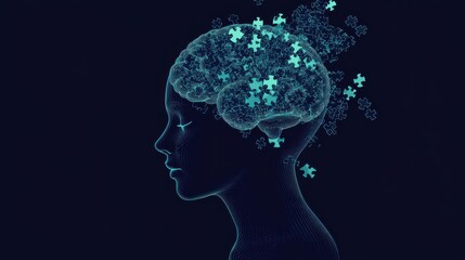 Obraz premium Abstract illustration of a human brain, with puzzle pieces inside. The pieces are scattered, suggesting complexity and intricate connections.