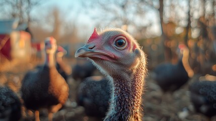 Close-up of a curious turkey with a blurred background