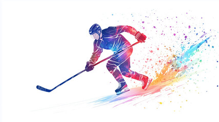 Obraz premium vector style that is colorful, simple, and minimalistic, in a cartoon style a ice hokey player with stick isolated on white background, front view, impression of high speed. Design element for poster,