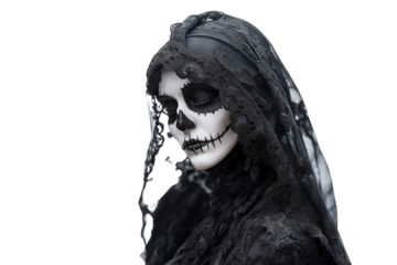 A woman dressed as a catrina with elaborate makeup and costume celebrates day of the dead in mexico, isolate on white background, cut out png.