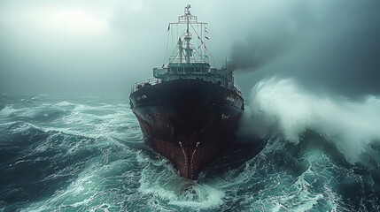 Fototapeta premium A cargo scary ship in sea, storm, daytime.