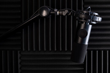Microphone for studio sound recording. Studio. High-quality sound. Soundproofing. Black microphone....