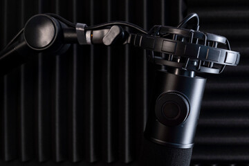 Microphone for studio sound recording. Studio. High-quality sound. Soundproofing. Black microphone....