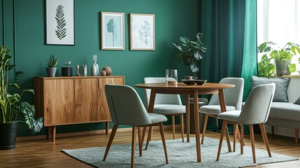 Modern dining room with green walls, wooden table, and grey chairs.