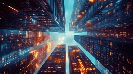 Looking up at a city skyline, the towering buildings cast long shadows on the cloudy sky.