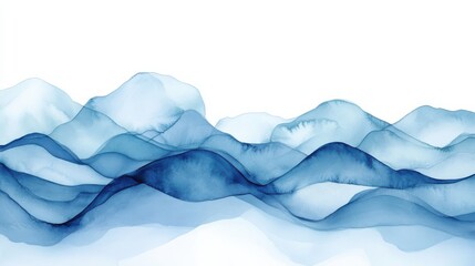Abstract watercolor painting of blue mountains against a white background.