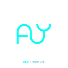 The image is a logo consisting of three intertwined letters F, L and Y, made in turquoise. Under the letters is written FLY LOGOTYPE. The logo creates a sense of movement and dynamics, which can be 
