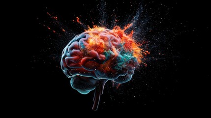 Fototapeta premium A 3D rendering of a human brain exploding with vibrant colors against a black background.