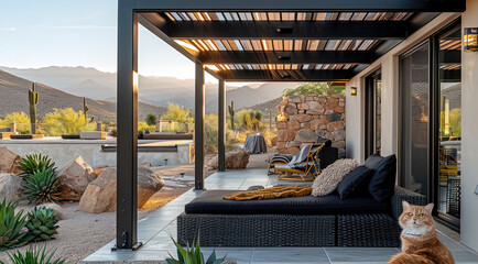 A luxury cat patio underneath a modular roof pergola with screened in sides outside of a giant...