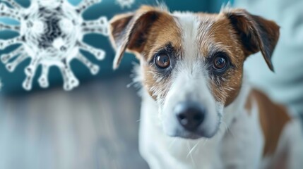 A curious dog gazes at a floating virus illustration in a cozy indoor setting during daylight hours
