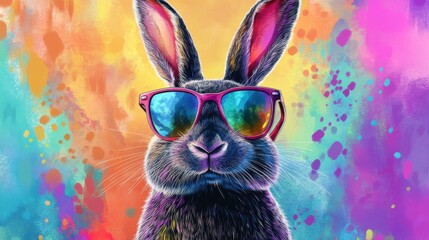 A cool rabbit wearing pink sunglasses against a colorful background.