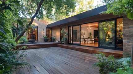 Fototapeta premium A modern home with a large wooden deck and sliding glass doors that open to a lush green backyard.