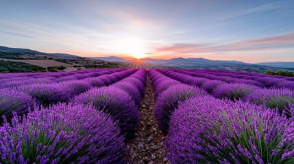 Obraz premium Lavender fields in bloom at sunset, vibrant purple flowers stretching across the landscape, serene natural beauty.