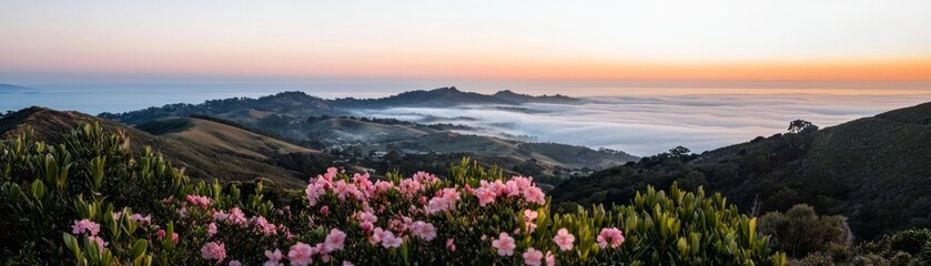 Obraz premium Scenic view of hills and flowers during sunset, offering a serene atmosphere and vibrant colors.