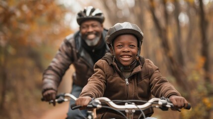 A joyful moment of a boy riding a bicycle with his grandfather on a fall day in the park surrounded by colorful leaves