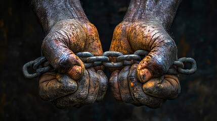 Strong hands gripping heavy metal chains with dark gritty textures