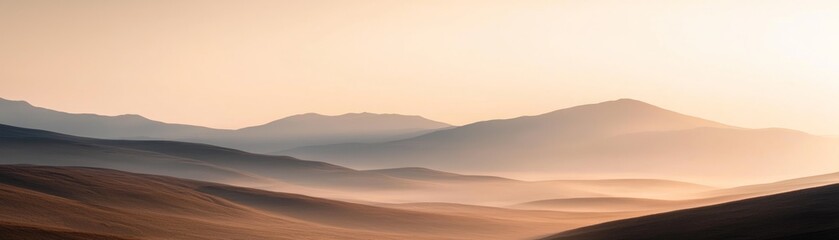 Soft, ethereal mountain ranges in the morning light, creating a serene and tranquil atmosphere.