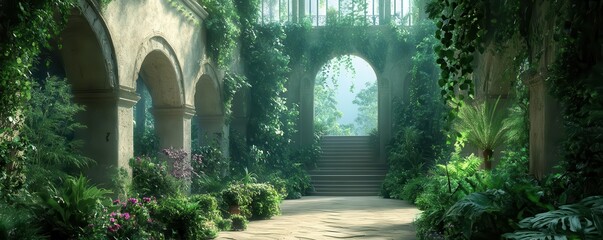 Fototapeta premium Serene garden with lush greenery and archways, perfect for relaxation and inspiration.