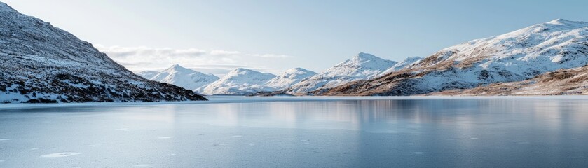 Naklejka premium Stunning winter landscape featuring snowy mountains and calm, reflective lake under blue skies.