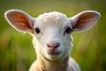 Fototapeta premium Cute white lamb looking at camera farm animal portrait