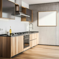 Fototapeta premium Modern wood and concrete kitchen interior with empty mock up place on wall, island, appliances and window. Real Estate concept.