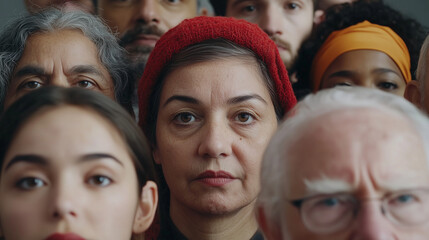 Zróżnicowana grupa osób, reprezentujących różne etniczności i pokolenia, zwraca wzrok ku obiektywowi kamery. 