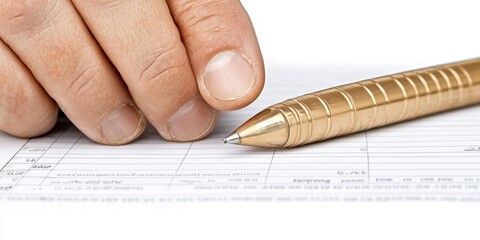Closeup of Hand Filling Out a Form with a Gold Pen