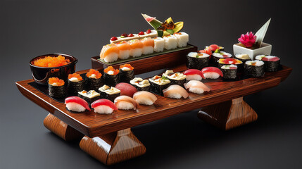 Na eleganckim stole znajduje się wyrafinowany zestaw sushi, w którym każdy kawałek jest starannie ułożony.